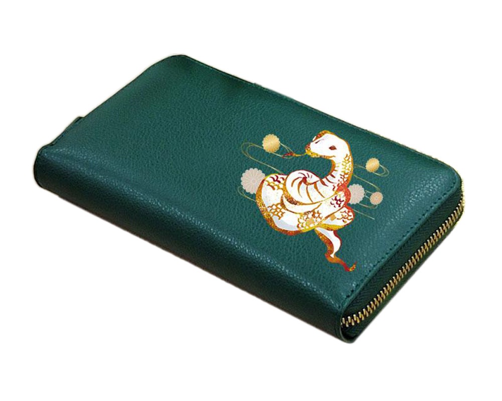 【お種銭付】 開運 金運 長財布 白蛇 干支 本革 ラウンドファスナー 財布 昇竜 招福 風水ラッキーカラー グリーン 風水 レザー メンズ レディース 昇り龍 護符カード 牛革 ギフト プレゼント
