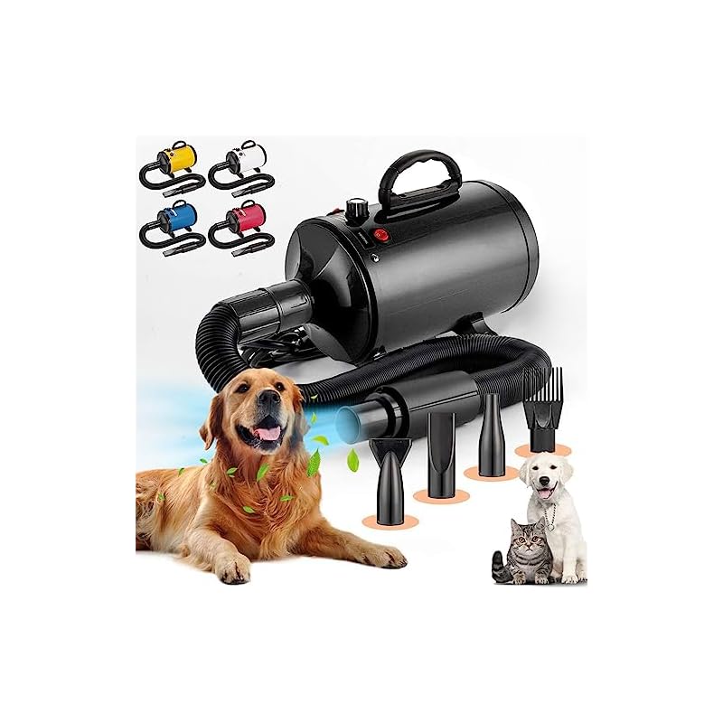 ペットドライヤー 犬用ドライヤー 猫 犬 ドライヤー 大風量 犬用乾燥機 無段階風速制御 -℃温度可調整 犬 ドライヤー 4種ノズル付き 日本語説明書 犬/猫兼用 - ブラック