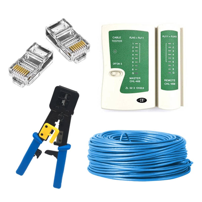 LANケーブル自作セット 貫通コネクタ30個+かしめ工具+LANテスター+CAT6ALANケーブル30m RJ45 8P6P 貫通型 簡単 圧着 プラグ DIY ネットワーク 配線