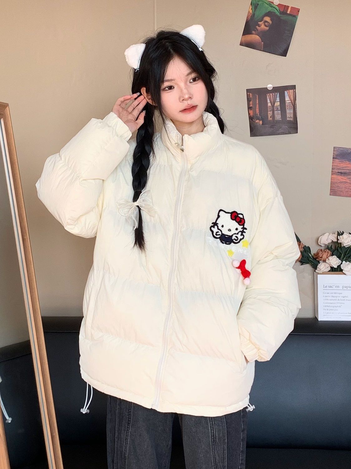 甘い かわいい ハローキティ 刺繍 リボン 中綿ジャケット レディース 冬 新しい 厚手 暖かくし