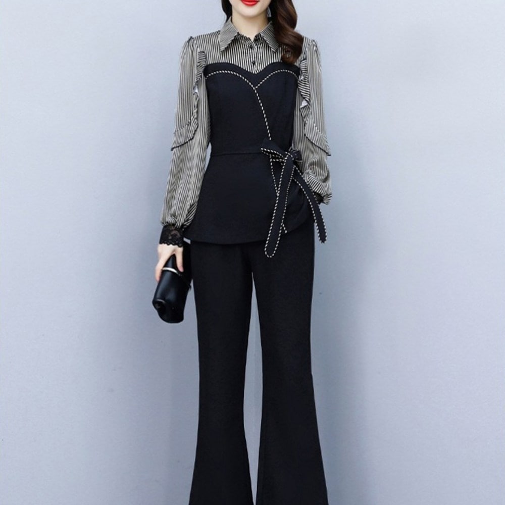 アリックビッグサイズフリル袖トップラッパーパンツセミスーツツーピースセット00613