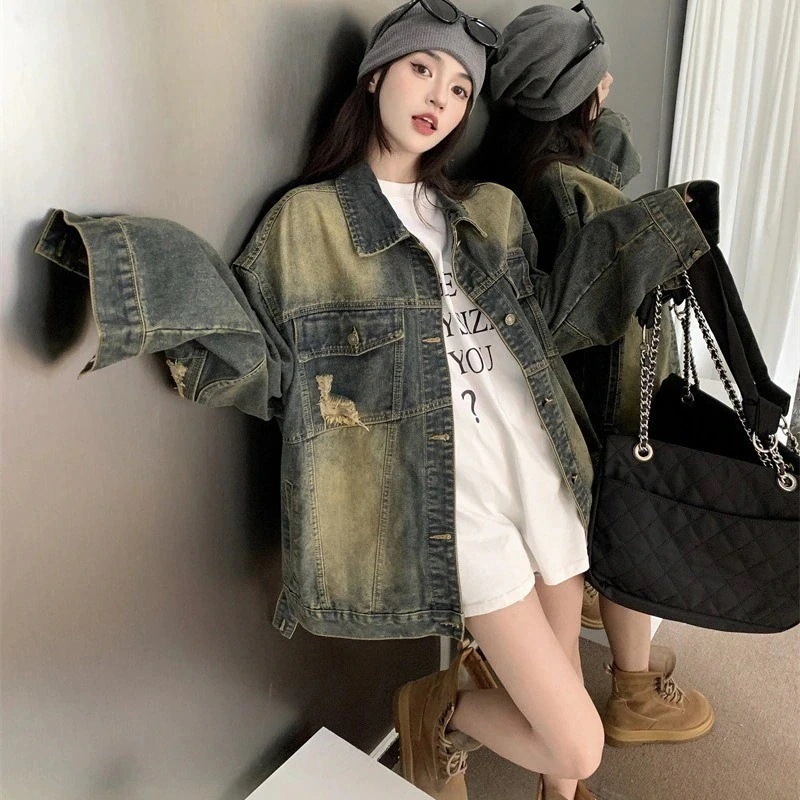 コーデに役立つ！デニムジャケットレトロ春秋作ゆったりミディアム長袖トップスレディース韓国ファッション通勤デニムジャケットアウター