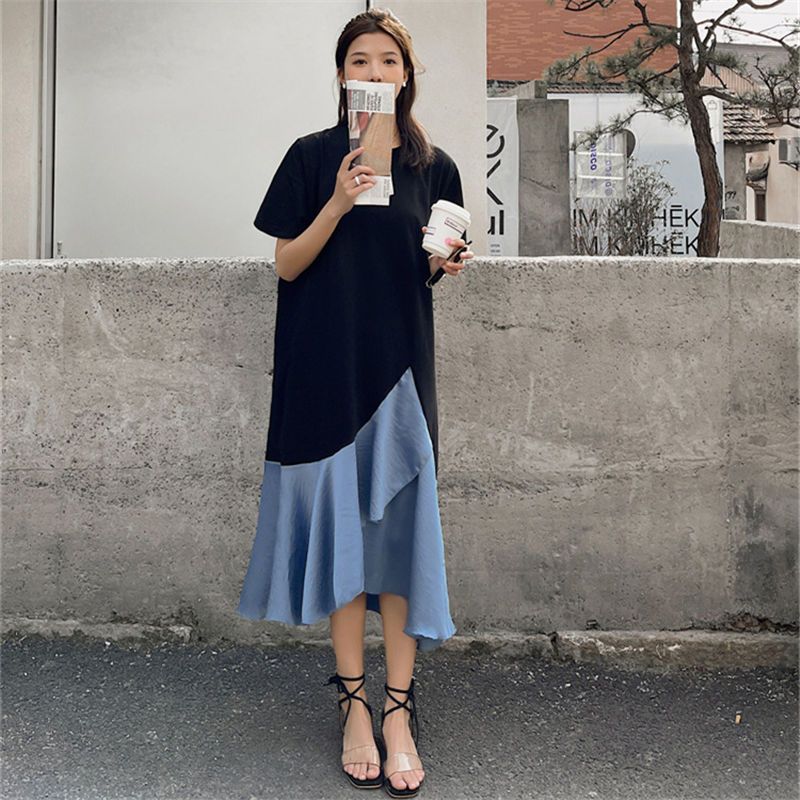 【20点セット】【急速出荷】イレギュラー パッチワーク コントラストカラー 大きいサイズ ゆったり Tシャツ 着痩せ 百掛け カジュアル ワンピース 母の日 tシャツ 半袖 レディース ドレス