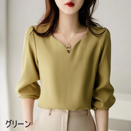 ブラウス レディース トップス とろみ素材 Vネック シャツ とろみ レトロ かわいい ブラウス オフィス 通勤 パフスリーブ おしゃれ ブラウス レディース