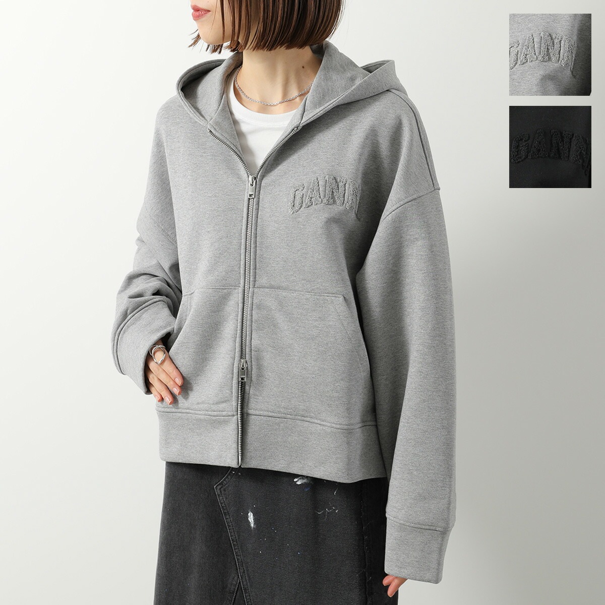 GANNI ガニー パーカー Heavy Terry Jersey Zip Hoodie レディース ジップアップ ロゴ フーディ スウェット コットン 長袖 カラー2色