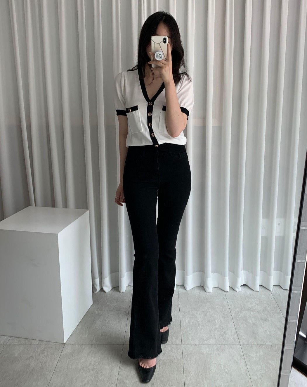 青筋 ツーボタン ハイウエスト ロング ブーツカットパンツ