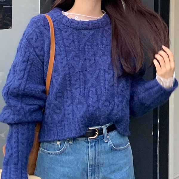 韓国ファッション ルーズフィット ケーブル ラウンド クロップ ウール ニット