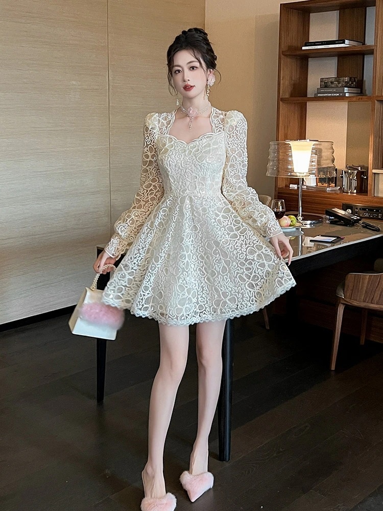 【3日で出荷】秋冬新品 お姫様 レース ショートワンピース キラキラ ドレス パーティー キャバ 大人 同窓会 披露宴 卒業式 結婚式 演奏会 ウェディング 二次会 メガ割