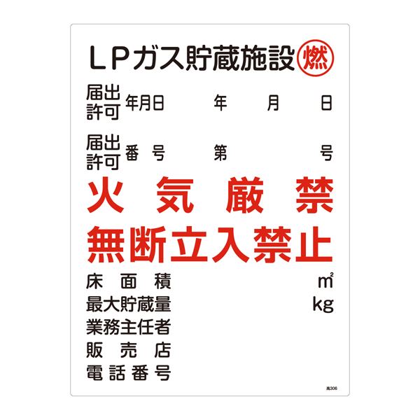 高圧ガス標識 LPガス貯蔵施設 燃 火気厳禁 無断立入禁止 高306