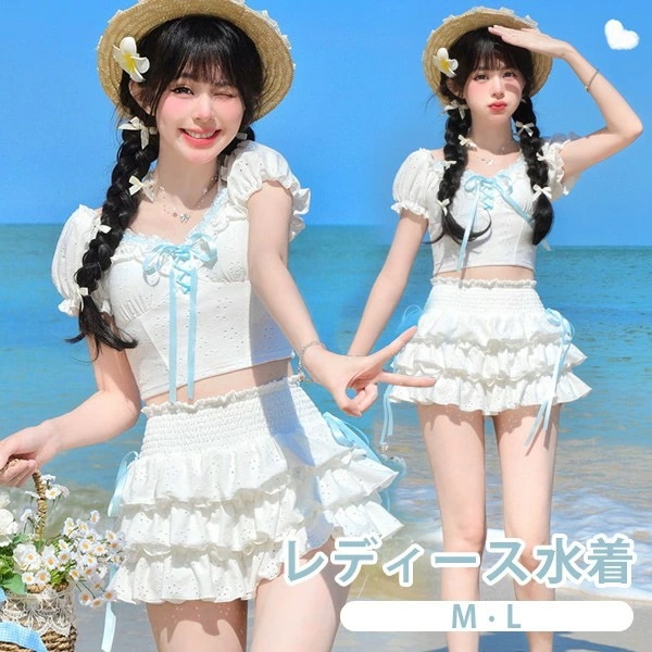タンキニ水着 ロリータ 服みたいな 水着 2点セット 半袖 リボン ワイヤーなし パッド付 レディース ティアードスカート 花柄 フリル 着痩せ シンプル 写真映え 撮影 海 夏 サマー プール リゾ