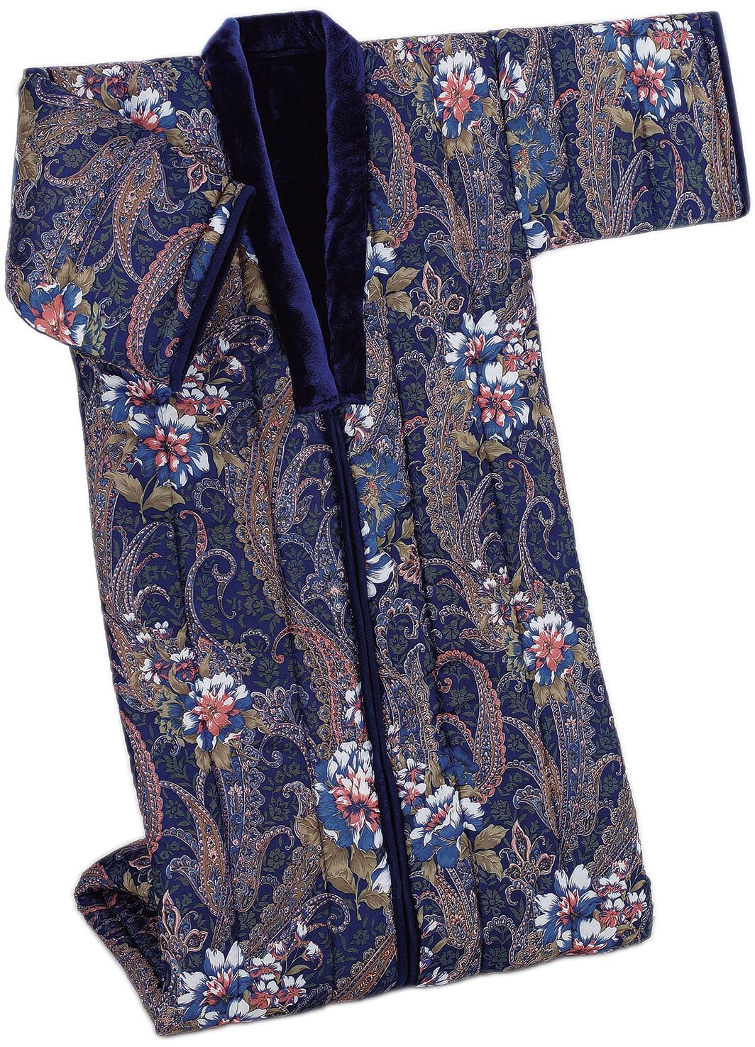 遠赤綿入り ボアかいまき布団1枚 ネイビー 足ポケット付き 三層構造 夜着 袖付き 着物状 伝統寝具 防寒着 ロングどてら 冬 花柄 0434510