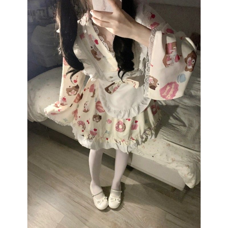 二次元 ロリータ メイドプリントウエストデザイン感 長袖ワンピース エプロン スーツ女 5,057円