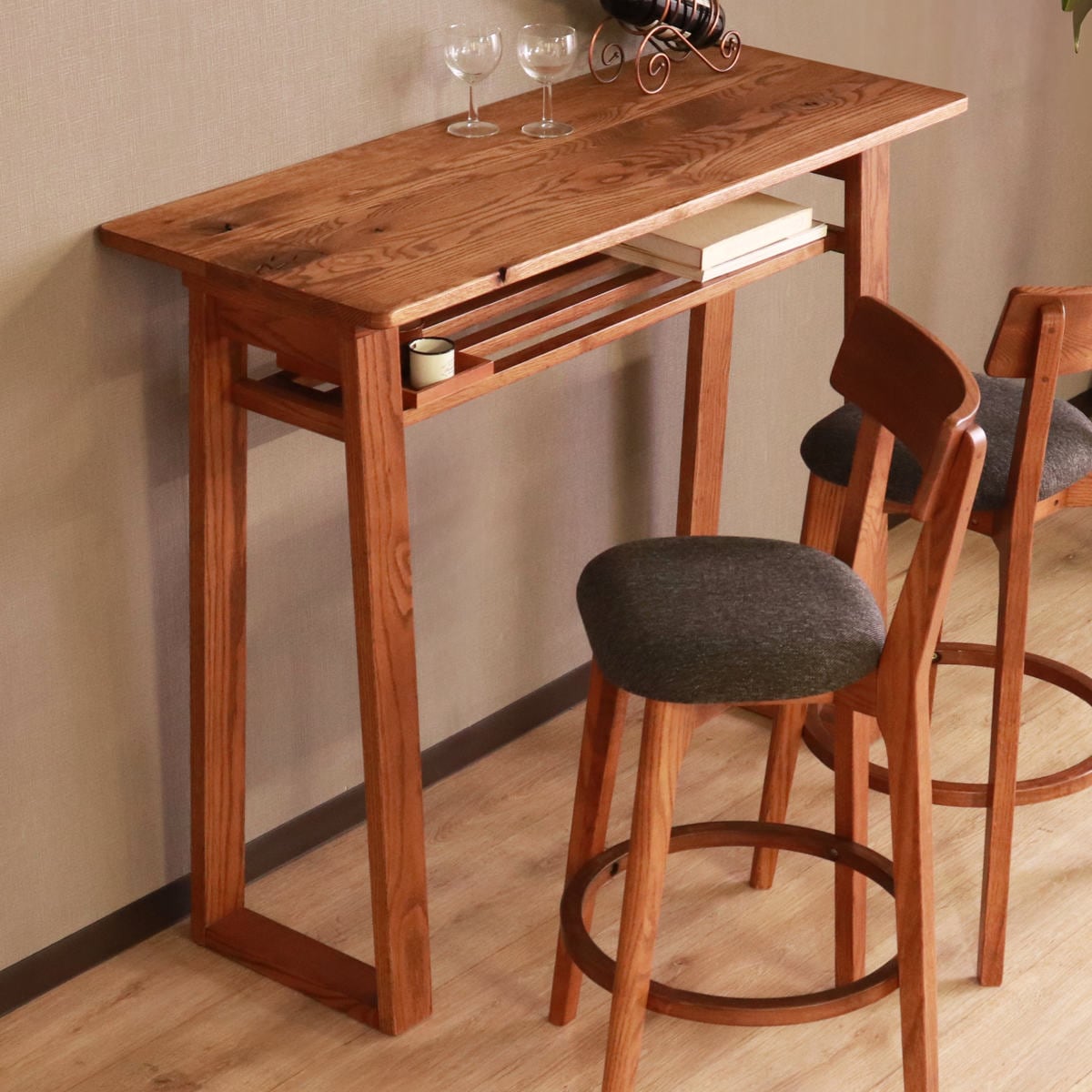 カウンターテーブル 幅115cm 高さ95.5cm ハイム ハイテーブル バーテーブル テーブル キッチン 天然木 木製 オーク 無垢材 木目 スリム 天板下 棚 収納 省スペース