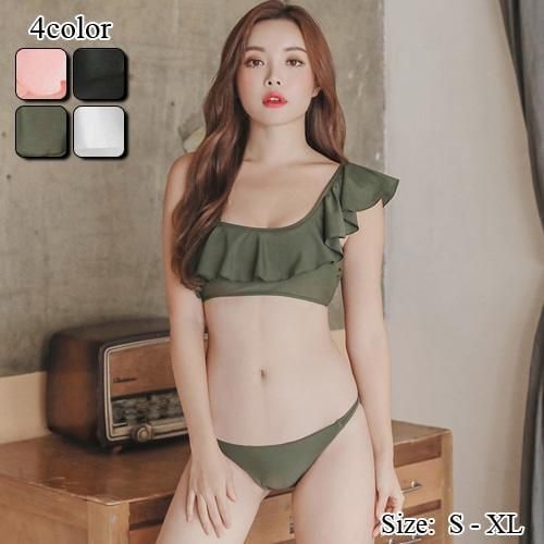 【グラシア】 水着 ワンショルダー レディース ビーチウェア スイムウェア 流行 海 プール ビキニ ギャザー フェミニン フリル 柔らか ピンク グリーン ホワイト ブラック S M L ビキニ