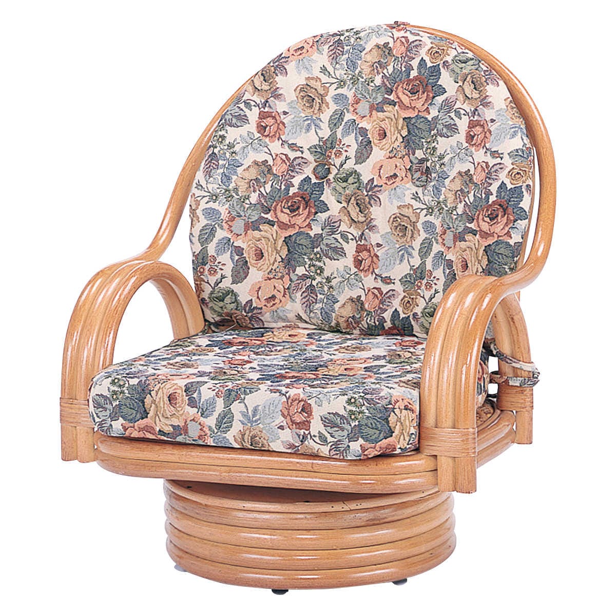 回転座椅子 ミドルタイプ ラタンチェア 籐家具 座面高26cm 回転式 座椅子 背もたれ付き 肘付き ラタン イス 座いす 花柄 和モダン リラックスチェア パーソナルチェア 籐回転椅子