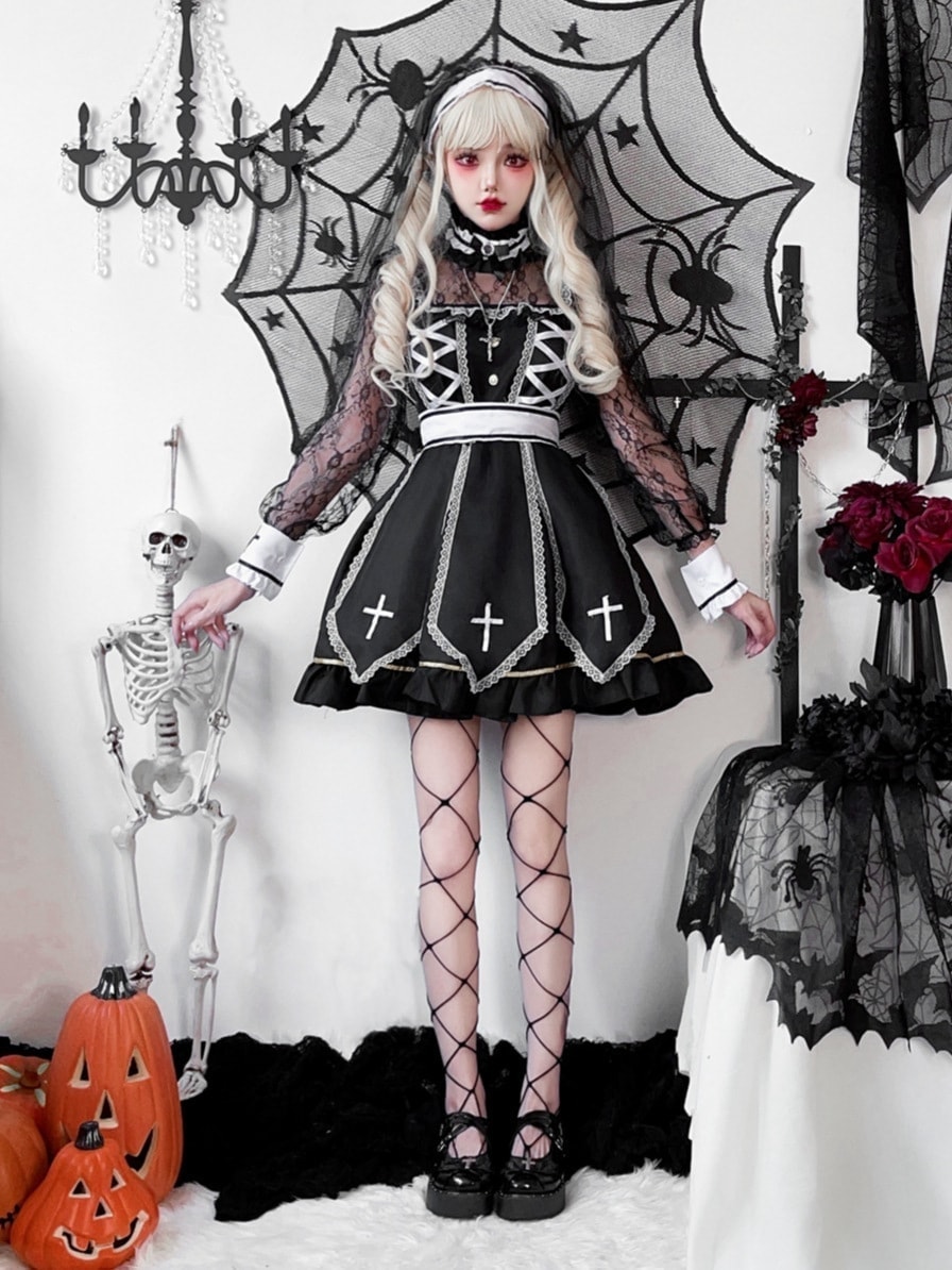 【本日限定】ハロウィン衣装 十字架シスター服 ヴァンパイアダークゴシック衣装 ゴーストワンピース カーニバルパフォーマンス衣装