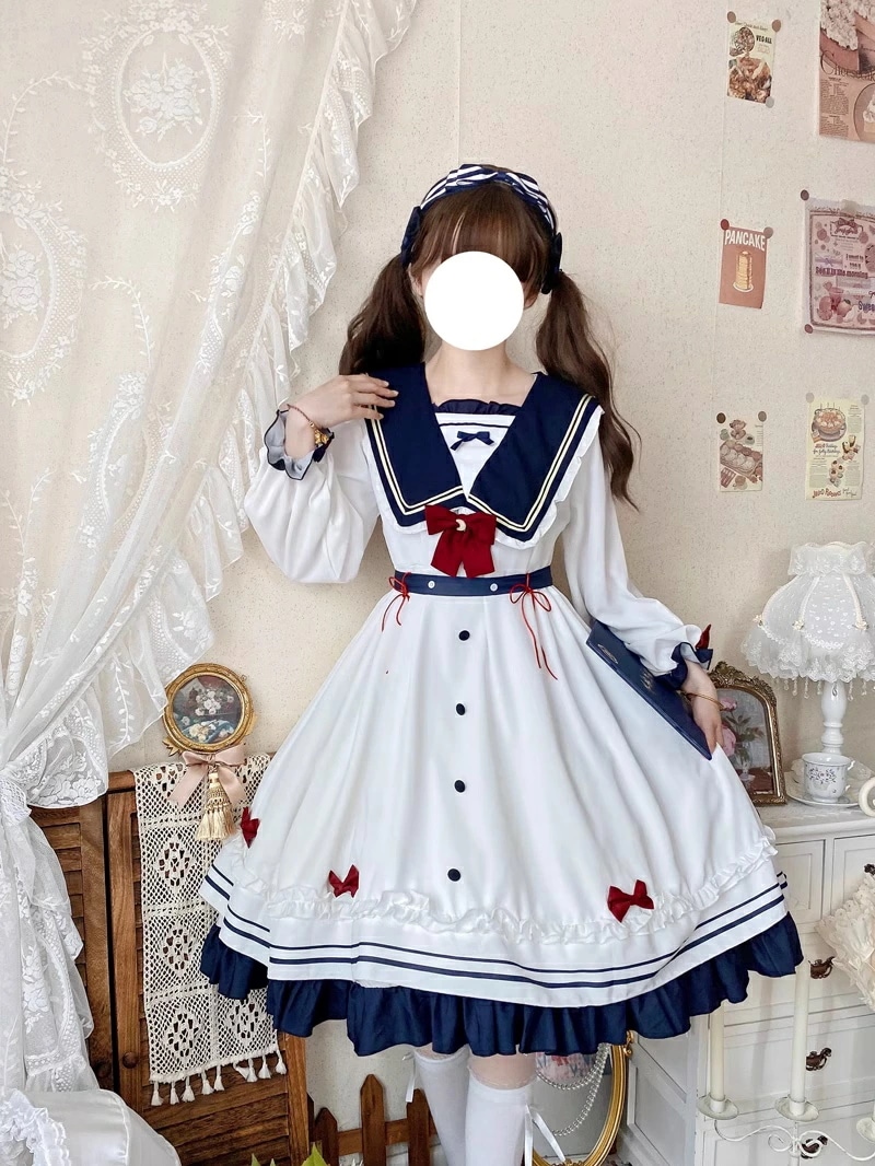 長袖 ロリータドレス ワンピース マリン レディース 可愛い ワンピ ロリータ 大人可愛 普段着 デイリー 可愛いロリータ服 カジュアル セーラー服 セーラーカラー キュット リゾート 海辺 白x