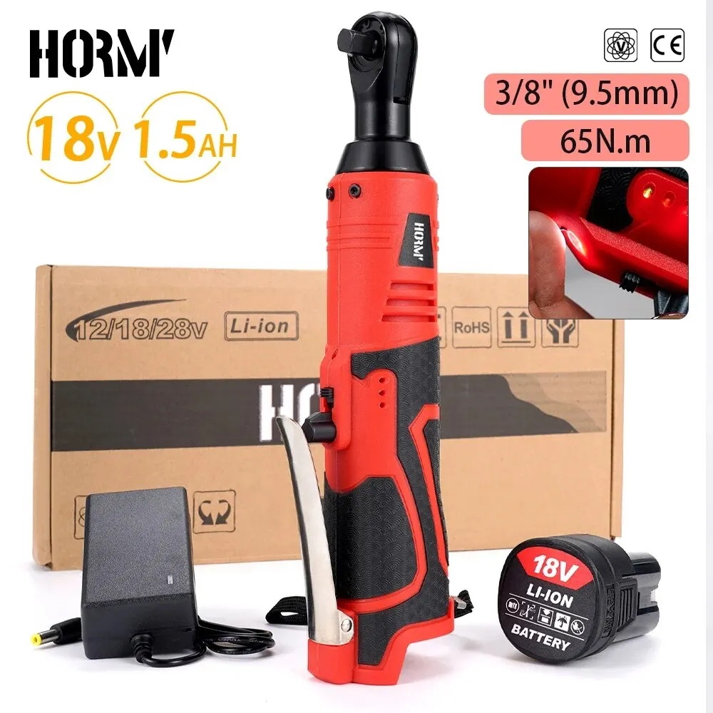Hormy 3/8インチ コードレス電動レンチ 65Nm 直角ラチェットレンチ 18V 充電式 自動車修理ツールセット アングルレンチ