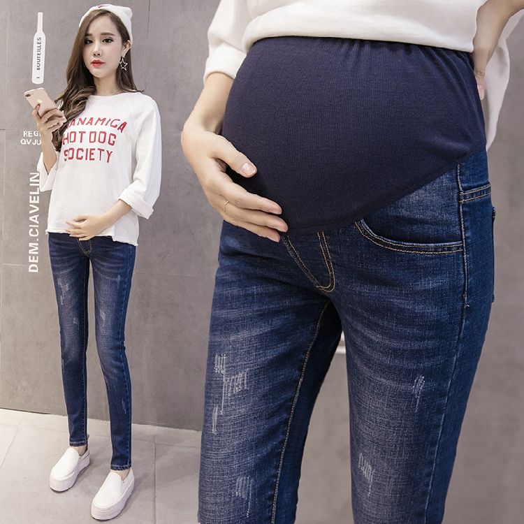 Special Offer 再入荷　マタニティ デニムジーンズ　 妊婦　ダメージ加工　スキニー