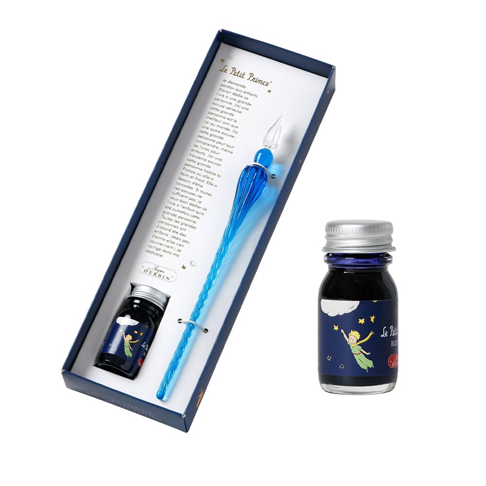 Qoo10最安値 【フランスの伝統的ブランド】 エルバン ガラスペン 【星の王子さま】 つむぎ ブルー ＆ ミニインク ナイトブルー (10ml) セット ハンドクラフト HERBIN hb21413