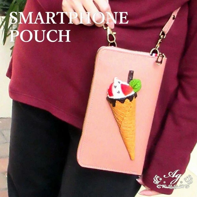 アジェ　スマホショルダーポーチ　パフェ　多機能長財布　ポシェット スマホケース ウォレットショルダーバッグ スマホ収納 ストラップ付