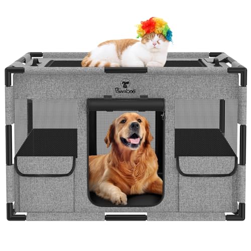Pawaboo ペットサークル 折りたたみ 犬 ケージ メッシュ 扉付き 小型犬さーくる 屋根付き 室内 組立簡単 長方形 キャットサークル ペットフェンス 犬 屋外サークル ファスナー式 出入り便利