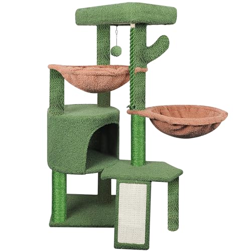 キャットタワー 猫タワー 麻紐 安定 猫ハウス 爪とぎ 省スペース 据え置き 隠れ家 ハンモック おもちゃつき 95CM高さ (グリーン)