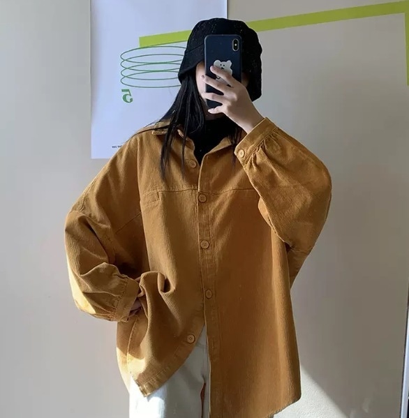 トップス シャツ ジャンパースカート 袖あり 長袖 ドロップショルダー 襟付き シャツカラー デザイン ボタン オーバーサイズ ビッグシルエット 美ライン ニュアンス ポケット コーデュロイ カラバリ