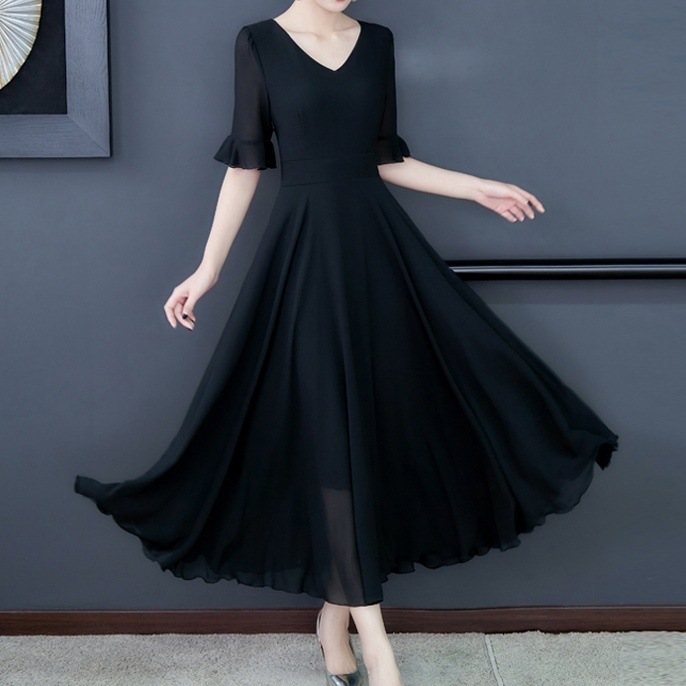 ワンピース フレアワンピース ワンピドレス ミモレ ミモレ丈 ロング ロング丈 5分袖 五分袖 Vネック フレア スリム 切り替えデザイン シフォン 透け感 シースルー かわいい 大人可愛い きれいめ