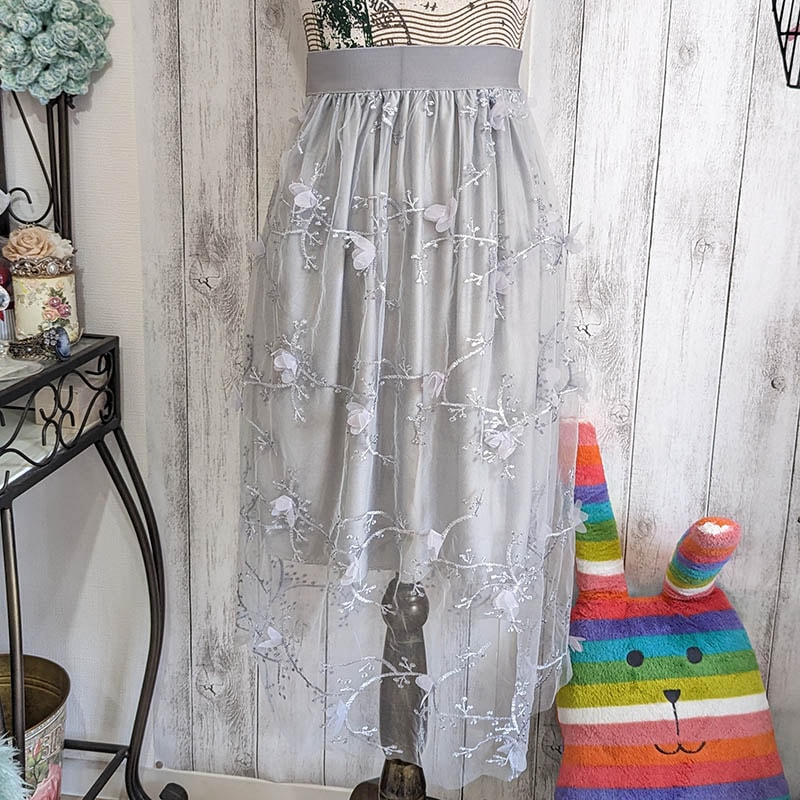 スカート グレー 即納 フリー QY-12368 立体花柄 刺繍 チュール 裏地ミニ丈 レディース