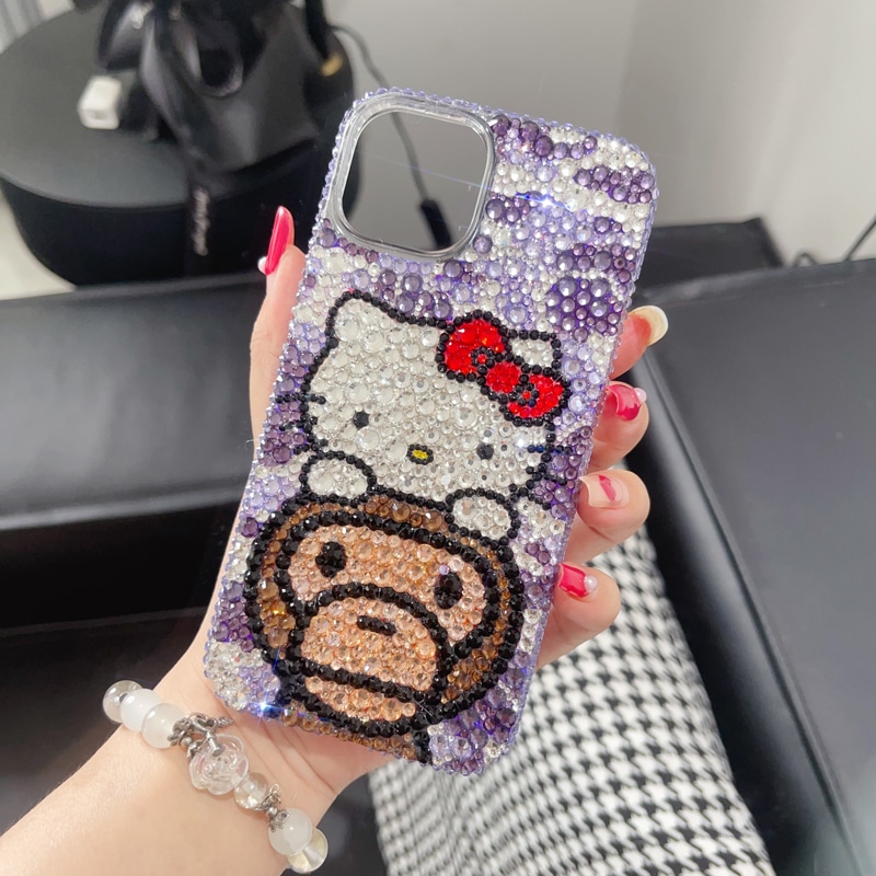 ハンドメイド iPhoneケース ハローキティ × ベイビーマイロ キラキラのラインストーン iPhone16/15/14/13/12/11ケース Plus Pro Max