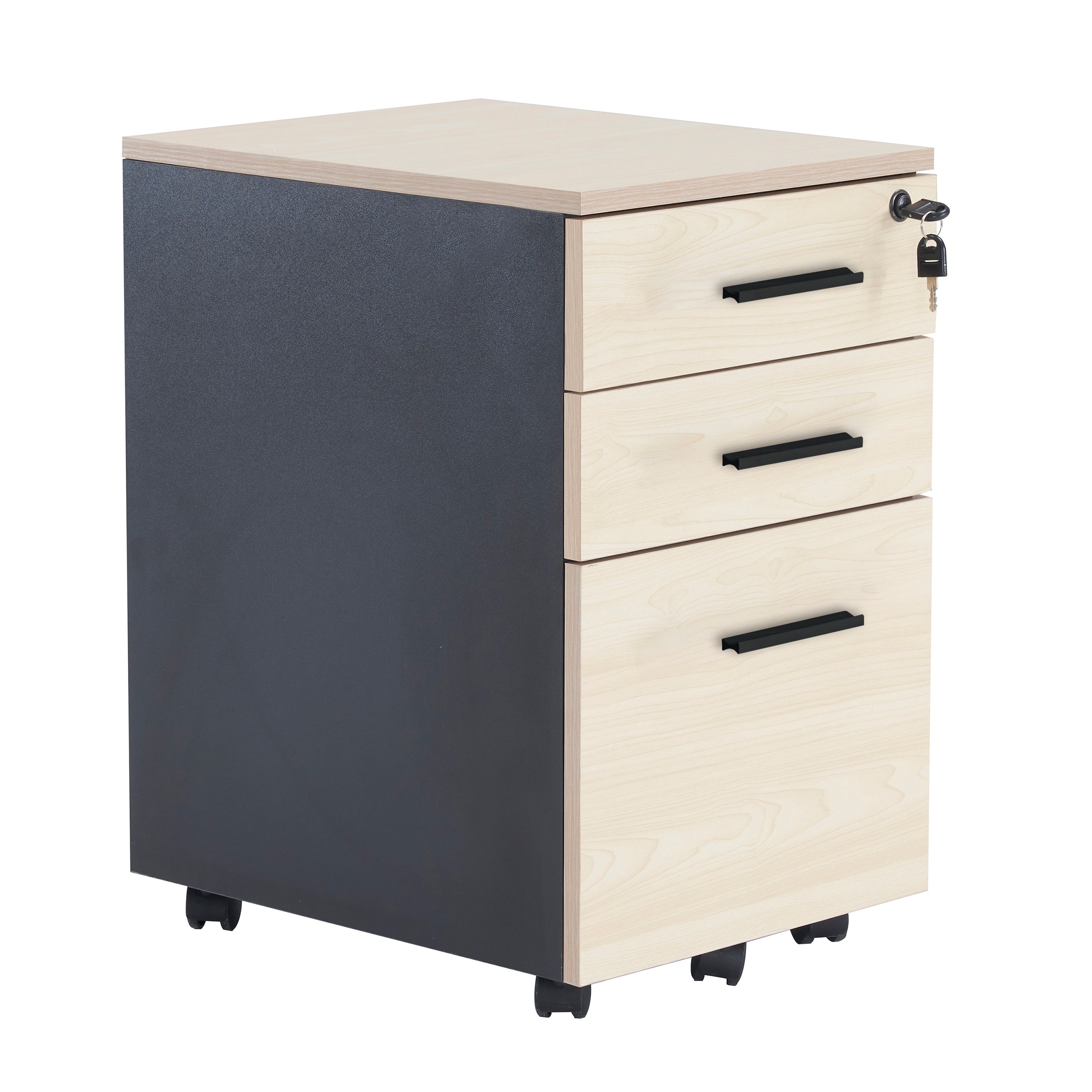 【国内発送】1549【新品登場】デスクワゴン サイドワゴン ラック 鍵付き キャスター付き 脇机 引き出し3段 ナチュラル