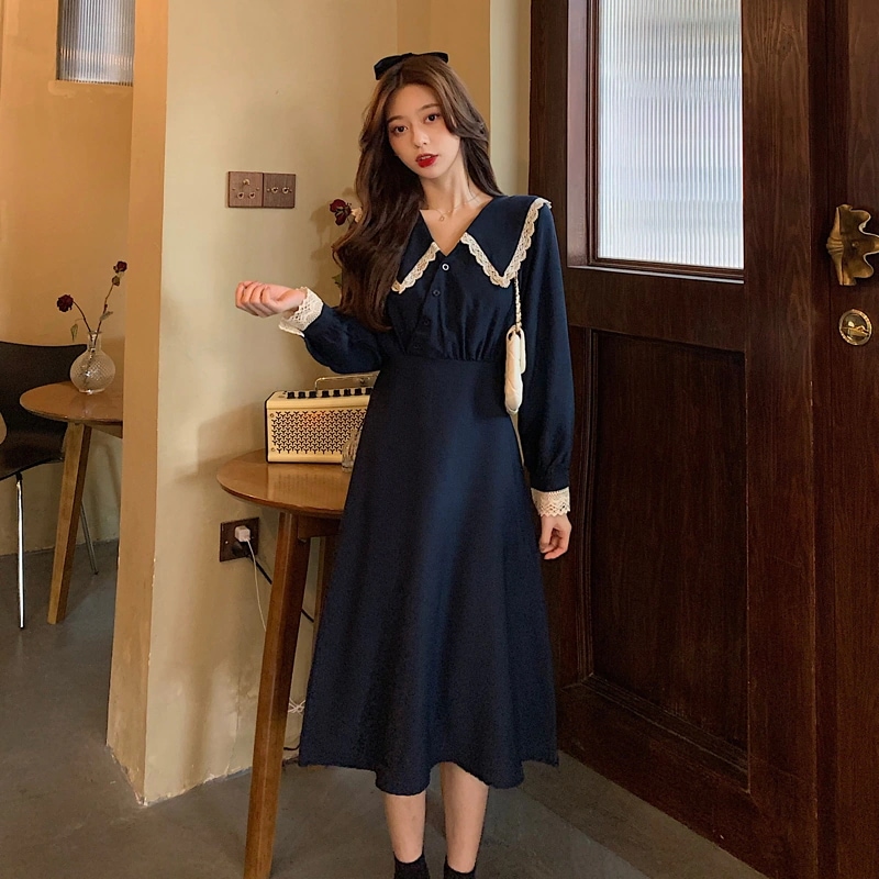 ワンピース フレアワンピース ミモレ ミモレ丈 袖あり 長袖 襟付き スタンドカラー Aライン フリル かわいい 大人可愛い きれいめ 上品 おしゃれ お洒落 ラブリー キュート ガーリー 無地