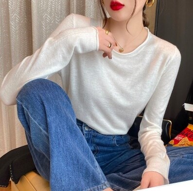 トップス レディース ニット 薄手 長袖 ラウンドネック シンプル カジュアル きれいめ 通学 通勤 ママ インナー 着回し レイヤード 普段使い 春 秋 韓国 モテ 2XL オレンジ ブラウン