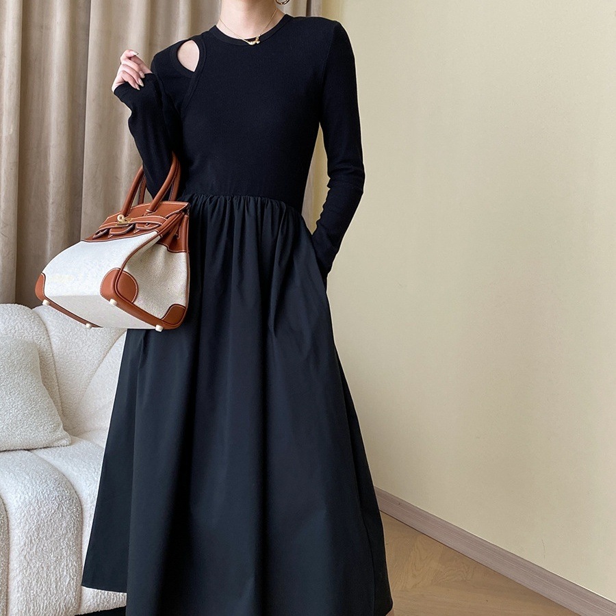 ワンピース ミモレ丈ワンピース 長袖 ラウンドネック 切り替えデザイン 異素材ミックス カットアウトデザイン ミモレ丈 かわいい 大人可愛い きれいめ シンプル 上品 おしゃれ 大人女子 こなれ感
