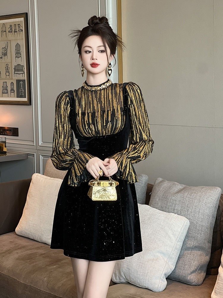 秋冬 ファッション長袖 ドレス ベルベット キラキラ ドッキング ショート キャバ 卒業式 結婚式 ウェディング 二次会 パーティードレス ワンピース