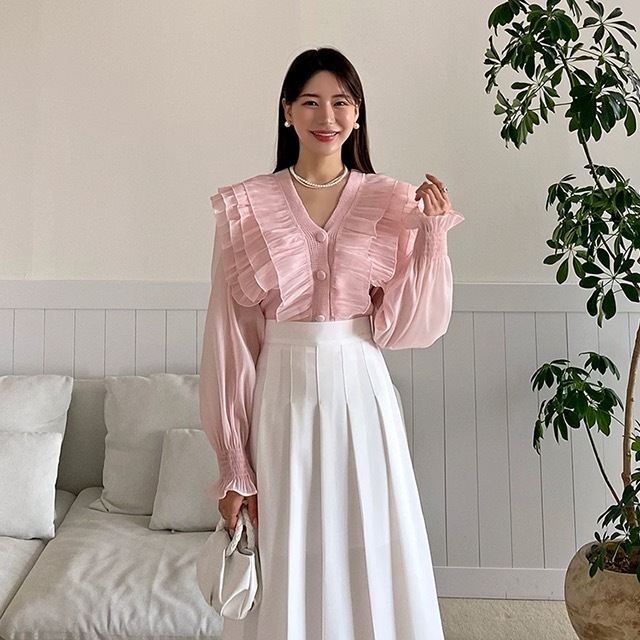 韓国ファッション 桜 フリル ブイネック ブラウス カーディガン벚꽃 프릴 브이넥 블라우스 가디건