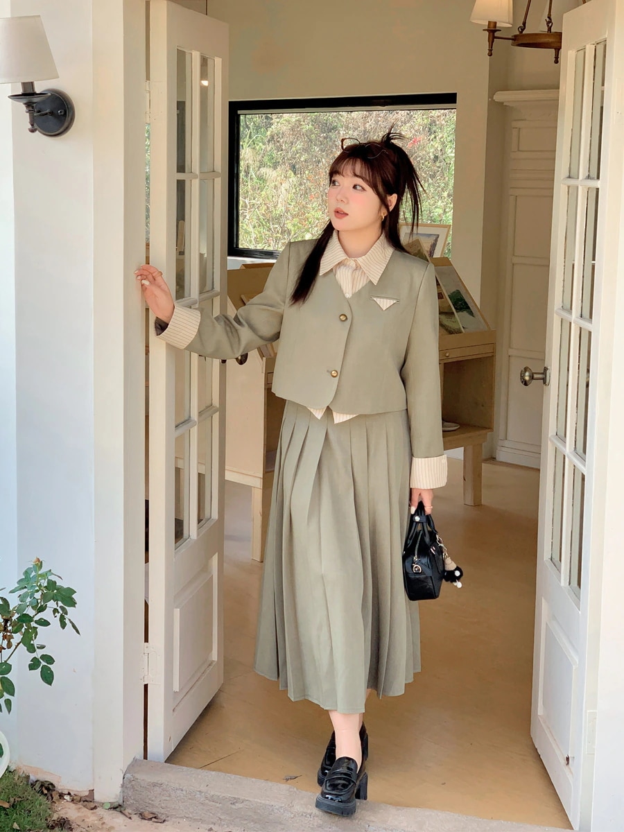 【ぽちゃまに】 春 制服 上下セット トップス＋スカート 大きいサイズ 学院風 JKセット 体型カバー レディース セットアップ