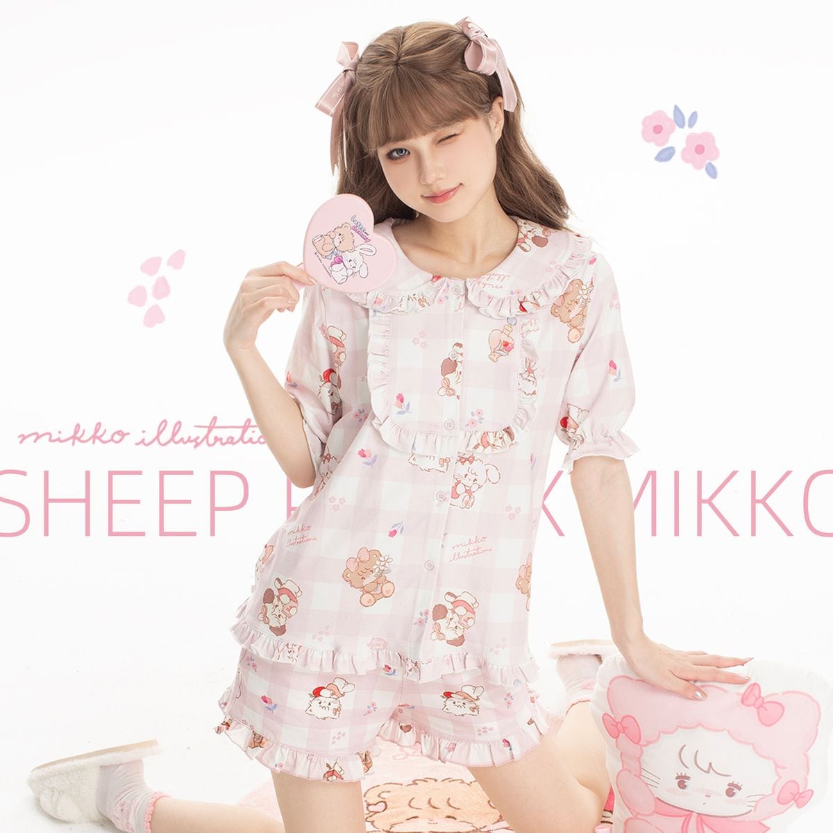 Mikko正規版連名半袖セットピンクバラレース夏ホームウェア半袖かわいい女