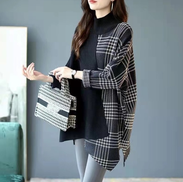 レディース トップス ニット セーター プルオーバー 長袖 ドルマンスリーブ ハイネック ドッキング 中厚手 厚手 大人可愛い カジュアル おしゃれ こなれ感 ラフ 個性的 抜け感 無地 チェック 秋