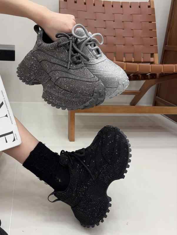 スニーカー レディース メンズ シューズ レースアップ 厚底 カジュアル ラインストーン 秋 ブラック グレー シルバー