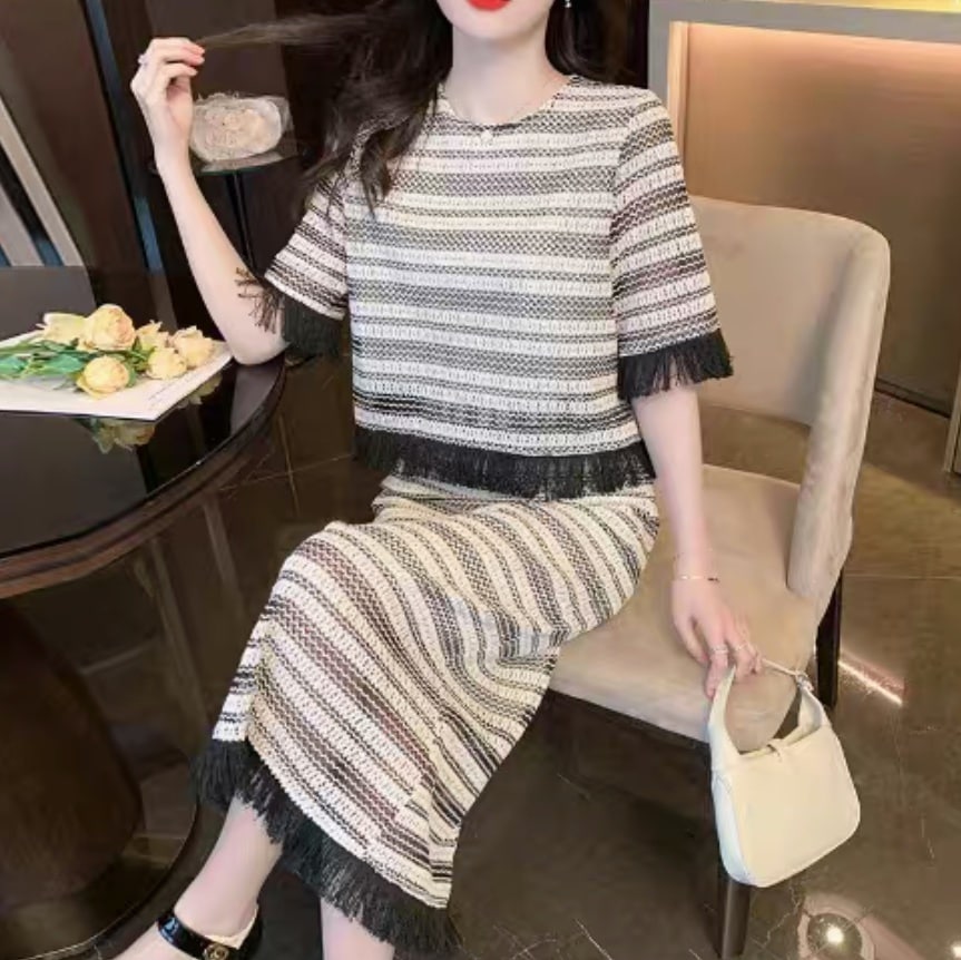 ニット セットアップ テーパードスカート ロングスカート マキシ 5分袖 ラウンドネック タイト スリム 細身 Iライン フォーマル フェミニン 切り替えデザイン ドッキング フリンジ かわいい