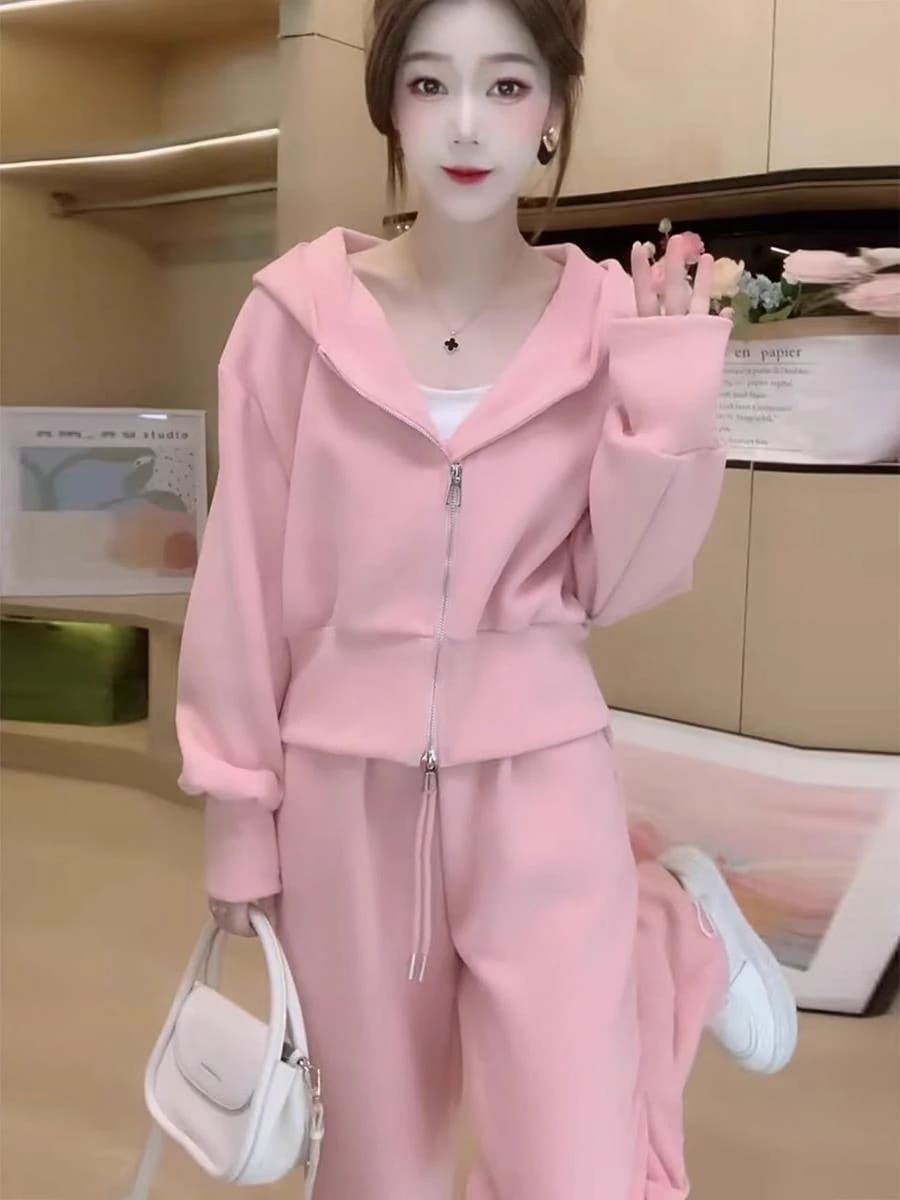 ハイエンドのカスタマイズ-秋の大きいサイズのピンクのトレーナーカジュアルスポーツスーツ女性用ファッショナブル老化防止痩身 2 点セット脂肪 mm2-300 ポンド