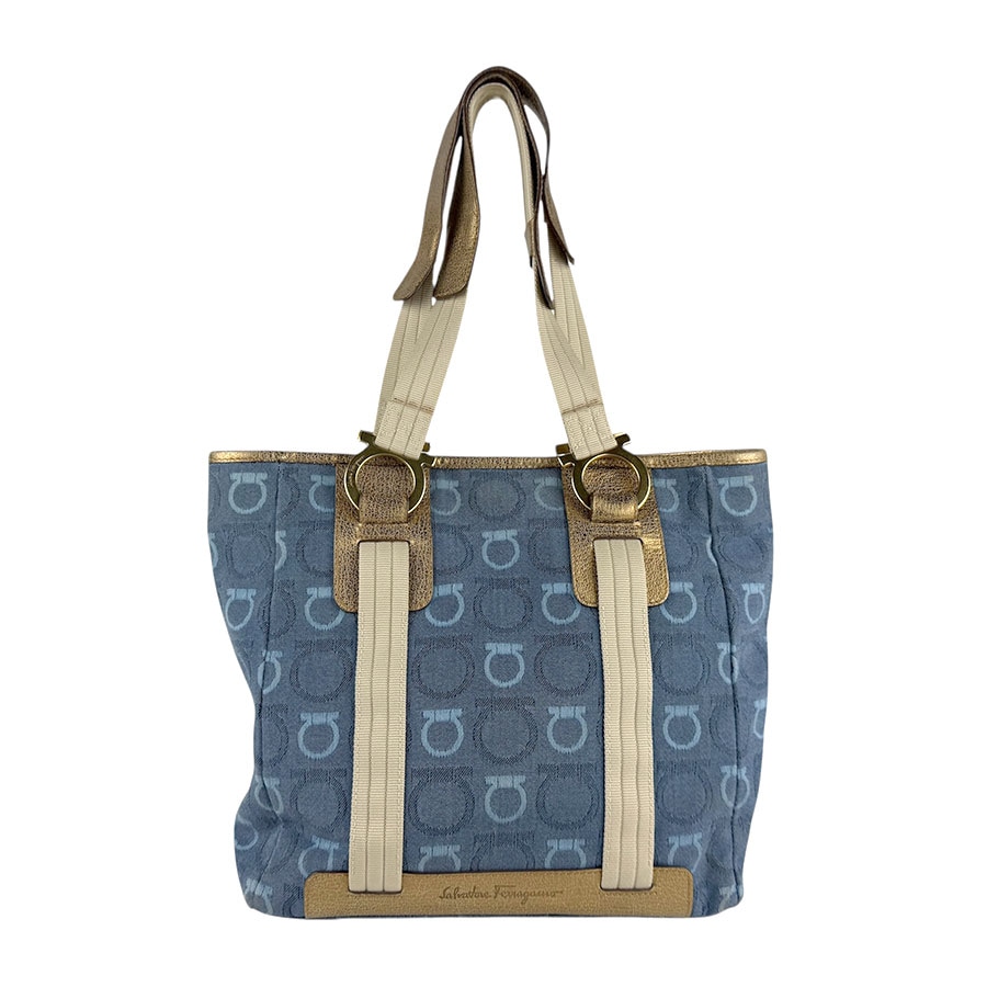 サルヴァトーレフェラガモ Salvatore Ferragamo ショルダーバッグ トートバッグ ガンチーニ キャンバス/レザー ブルー/ゴールド レディース z7838