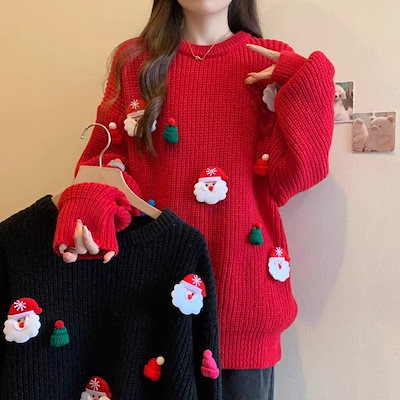 長袖ニットウェア ニット秋と冬の新しいクリスマス立体装飾大きな赤い新年ジャンパー女性ラウンドネック