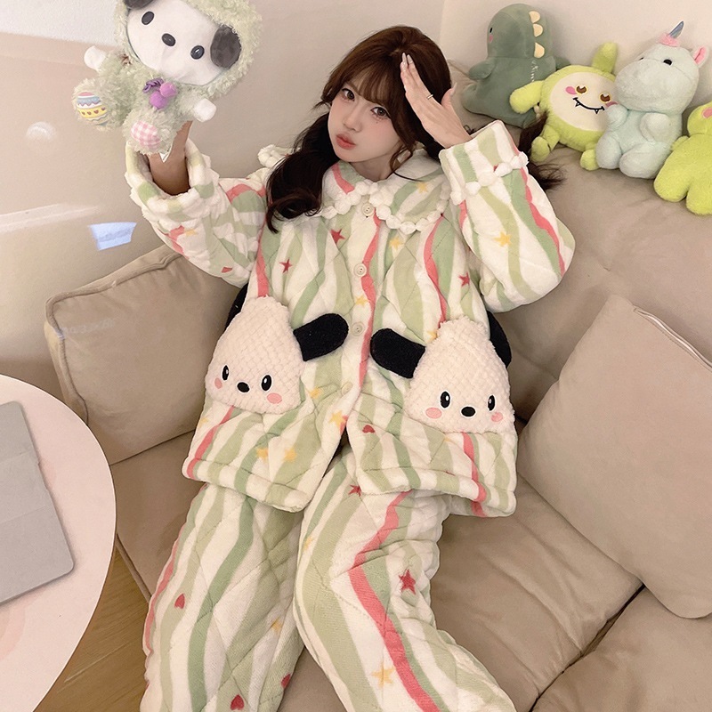秋冬は厚手の珊瑚絨毯パジャマ女三重の綿入れ入れ冬はパチャ犬学生の部屋着