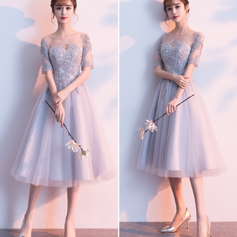 ドレス ひざ丈 膝下 袖あり 半袖 パフスリーブ フレア Aライン 切り替えデザイン 刺繍 チュール 透け感 大人可愛い きれいめ 上品 おしゃれ 大人女子 ラブリー キュート セクシー エレガント