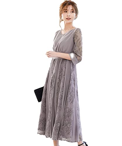 [niana] 結婚式 ワンピース パーティードレス 花柄 プリーツ チュール ロング 総レース 透け感 ウエストゴム 大きいサイズ 小さいサイズ 7分袖 袖あり オケージョン 1.5次会 春 夏 秋