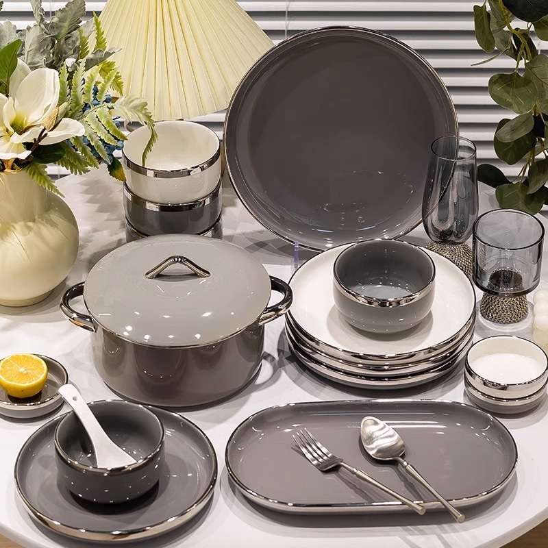 インスタイル高温下絵付けカラー皿セット家庭用ワイドシルバーリム洋食セラミックボウルギフトボックスフルセット卸売