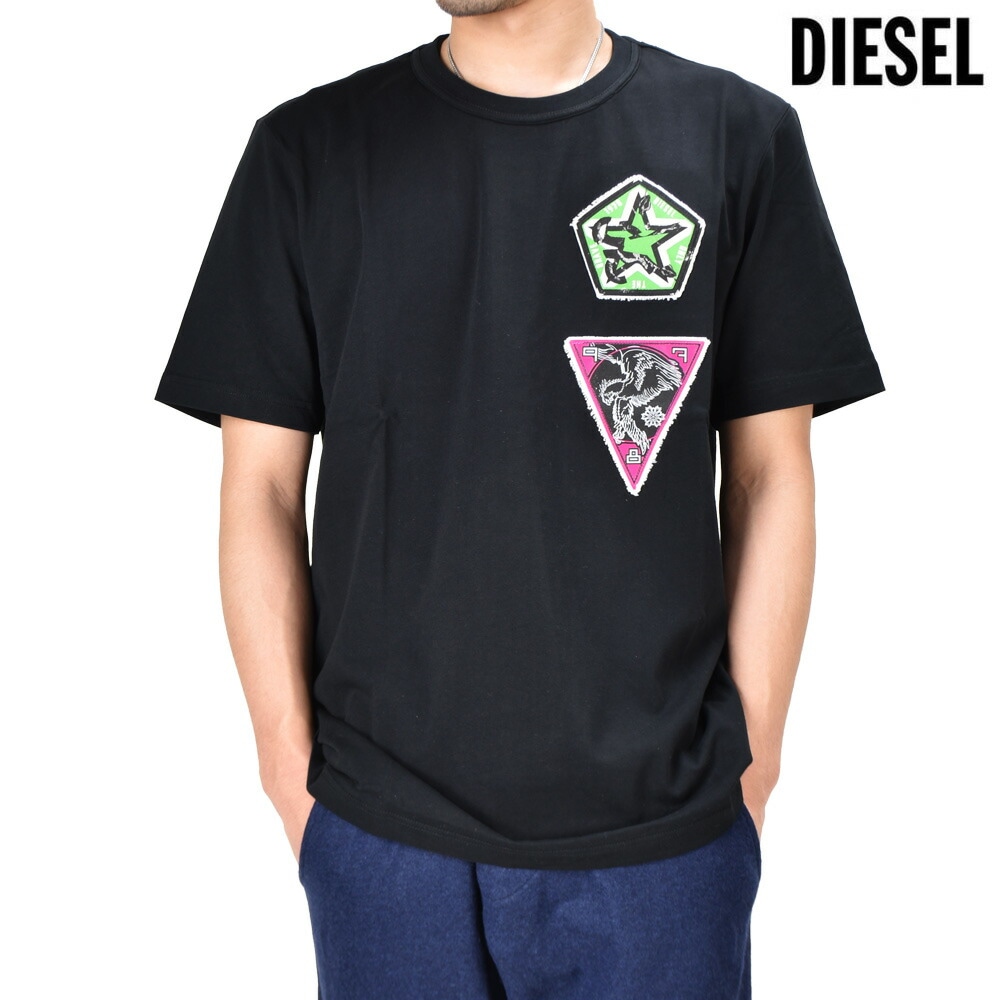 ディーゼル Tシャツ メンズ カットソー 半袖 クルーネック ブラック 黒 DIESEL T-JUBIND-SLITS-E1[a023320qbae]
